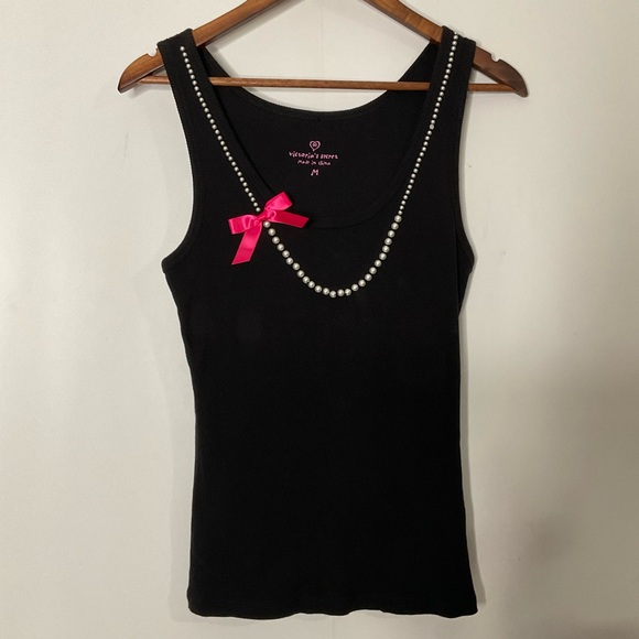 Victoria’s Secret PJ Set; Black Ribbed Tank Faux Pearls/Bow; Pink Circle Pants M - Picture 15 of 16